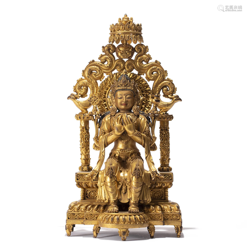 A VERY RARE TIBETAN BRONZE-GILT MAITREYA