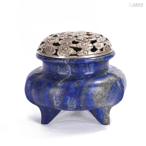 A CHINESE CARVED LAPIS TRIPOD CENSER