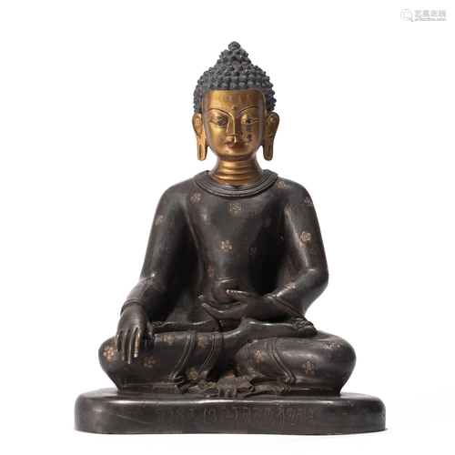 A SILVER INLAID BRONZE FIGURE OF MEDICINE BUDDHA