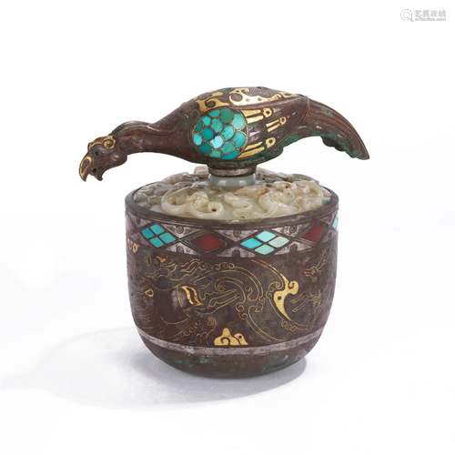 A CHINESE GOLD AND SILVER INALID TURQUOISE DECORATED BOX