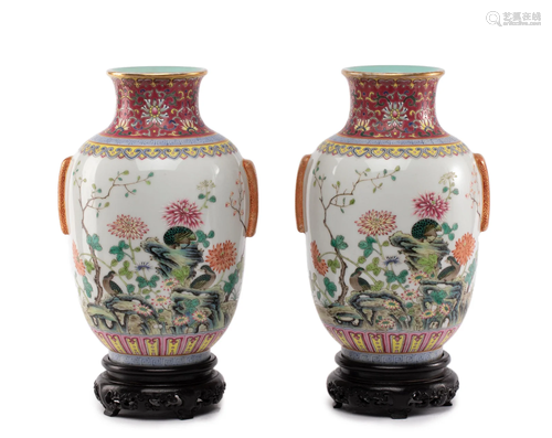 PAIR CHINESE FAMILLE ROSE FLORAL VASES