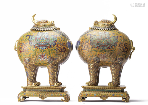 PAIR CLOISONNE ENAMEL INCENSE BURNERS LUDUAN