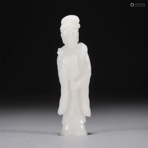 A CHINESE CARVED WHITE JADE STANDING BEAUTY