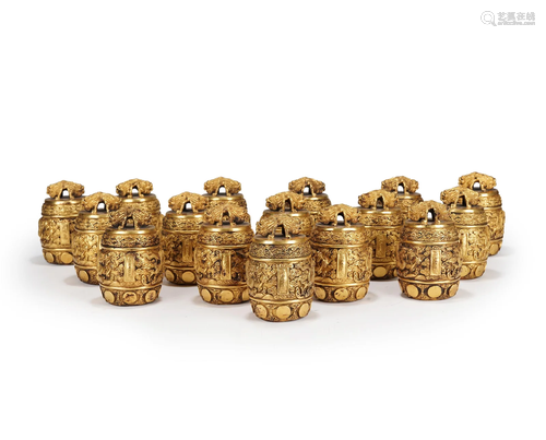 A SET OF SIXTEEN IMPERIAL BRONZE-GILT RITUAL BELLS