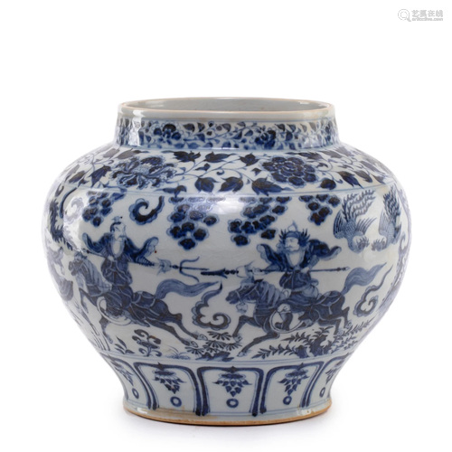 A CHINESE BLUE AND WHITE FIGURAL STORY JAR