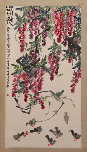 A CHINESE PAINTING OF WISTARIA SIGNED QIBAISHI