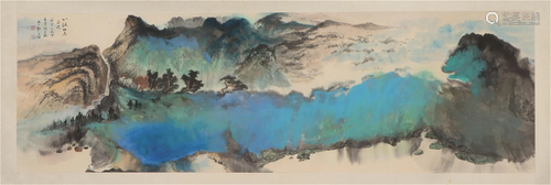 A CHINESE PAINTING OF BLUE LANDSCAPE SIGNED ZHANG DAQIAN