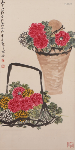 A CHINESE PAINTING OF CHRYSANTHEMUM SIGNED QI BAISHI