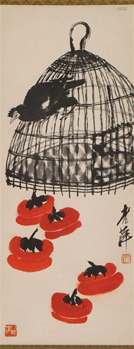 A CHINESE PAINTING OF PERSIMMONS SIGNED QI BAISHI