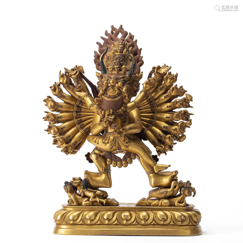 A TIBETAN BRONZE-GILT YAMANTAKA