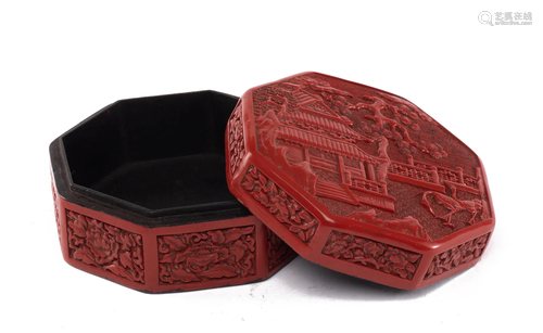 A CHINESE CARVED CINNABAR LACQUER BOX WITH COVER