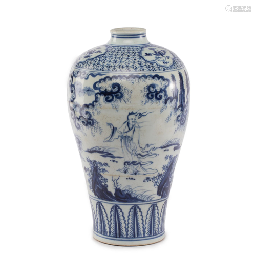 A CHINESE BLUE AND WHITE FIGURAL STORY VASE MEIPING