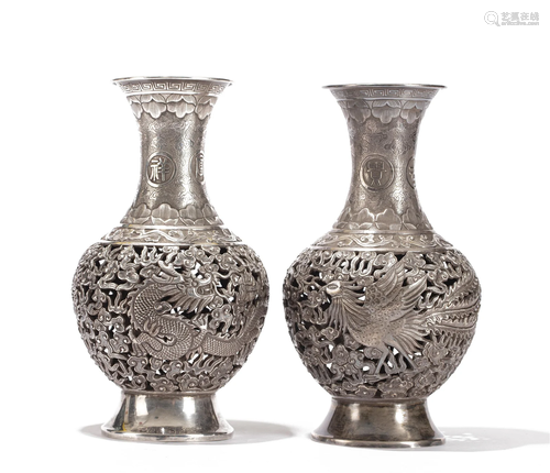 PAIR SILVER DRAGON AND PHOENIX VASES