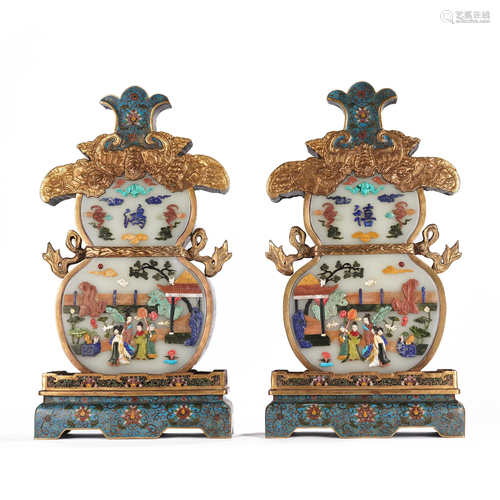 PAIR CHINESE HARDSTONES INLAID JADE PANELS