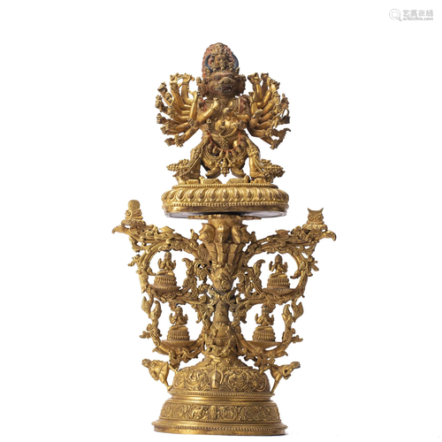 AN EXCEPTIONALLY RARE TIBETAN BRONZE-GILT YAMANTAKA