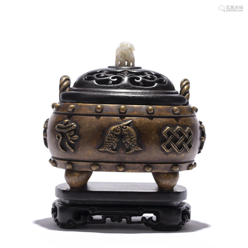 A CHINESE BRONZE CENSER WITH STAND AND COVER