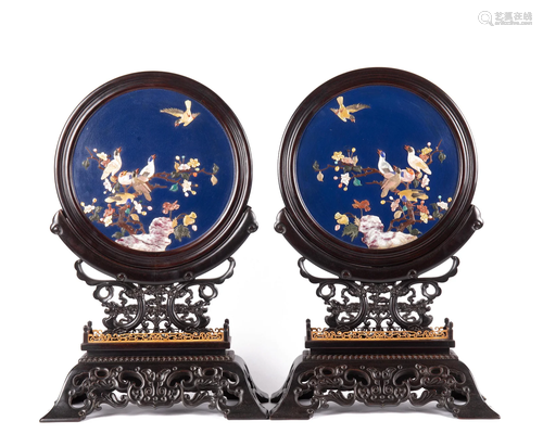 PAIR CHINESE HARD STONES INLAID ROSEWOOD TABLE SCREENS