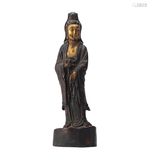 A CARVED ROSEWOOD GUANYIN