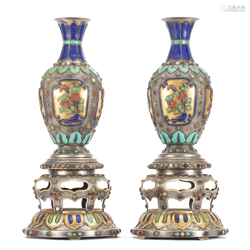 PAIR HARD STONES INLAID SILVER-GILT VASES