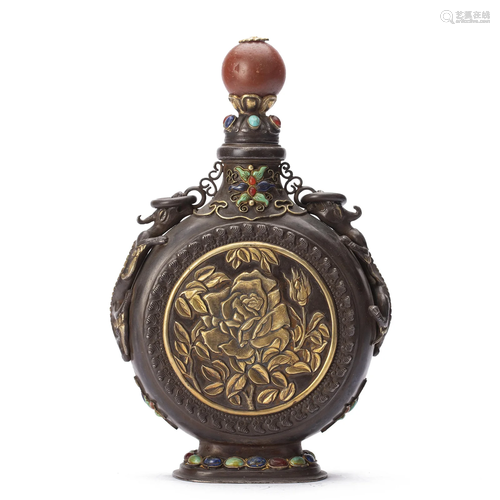 A TIBETAN HARDSTONES INLAID SILVER MOON FLASK