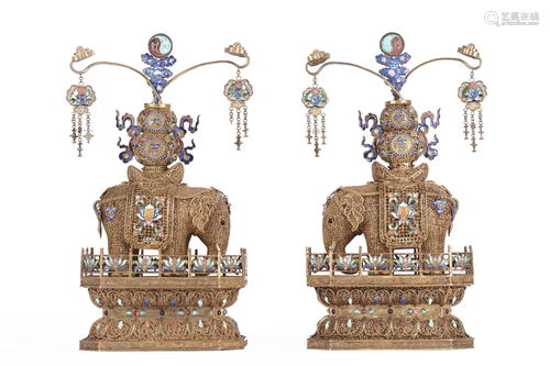 PAIR CHINESE SILVER-GILT ELEPHANTS SPILL VASES