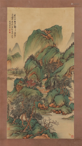 A CHINESE PAINTING OF GREEN LANDSCAPE