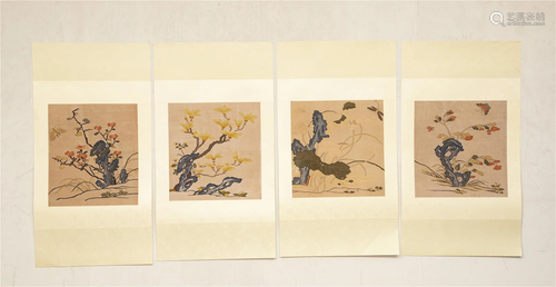 A SET OF FOUR KESI ALBUM LEAVES MOUNTED AS A SCROLL