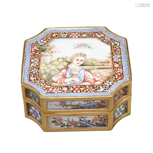 A CHINESE PAINTED ENAMEL BOX WITH COVER