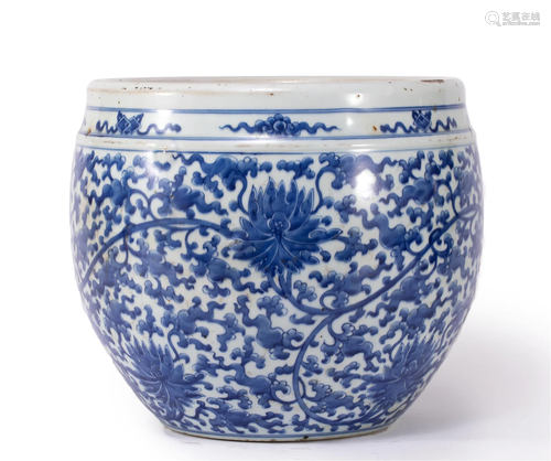 A CHINESE BLUE AND WHITE LOTUS SCROLLS JARDINIERE