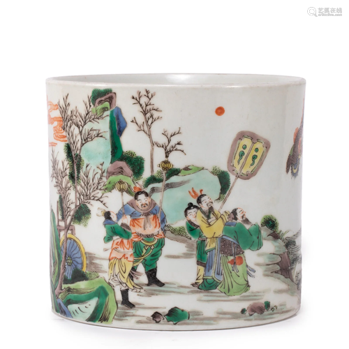 A CHINESE FAMILLE VERTE FIGURAL STORY BRUSH POT