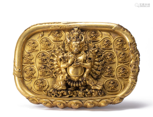 A TIBETAN BRONZE GILT YAMANTAKA