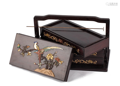 A HARD-STONES INLAID ROSEWOOD PICNIC BOX