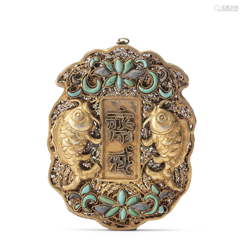 A TURQUOISE INLAID BRONZE-GILT ABSTINIENCE PLAQUE