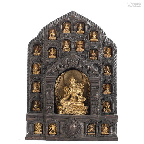 A RARE CARVED ROSEWOOD NICHE WITH BRONZE DEITIES