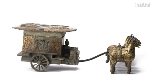 A SILVER INLAID BRONZE GILT HORSE CART