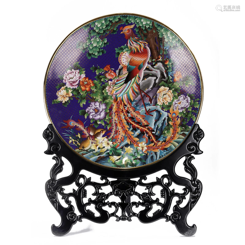 A CHINESE CLOISONNE ENAMEL PHOENIX PLATE