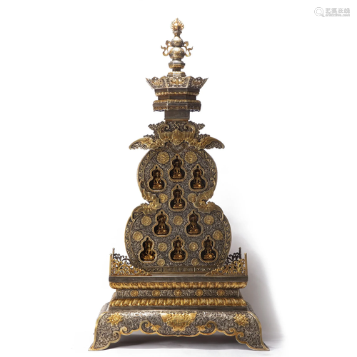 A FINE TIBETAN SILVER-GILT DOUBLE GOURDS SHRINE WITH BRONZE ...