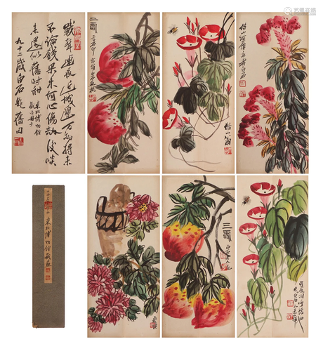 A CHINESE PAINTING OF FLOWERS SIGNED QI BAISHI