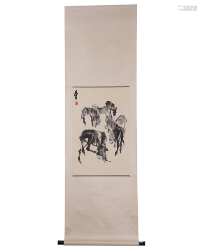 A CHINESE PAINTING OF DONKEYS SIGNED HUANGZHOU