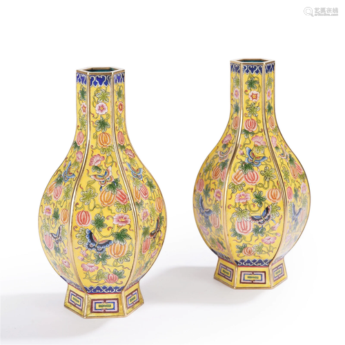 PAIR CHINESE PAINTED ENAMEL HEXAGONAL VASES