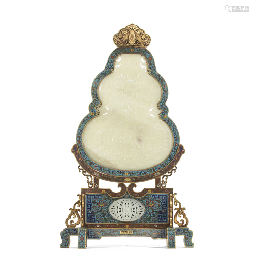 A JADE INLAID CLOISONNE ENAMEL TABLE SCREEN