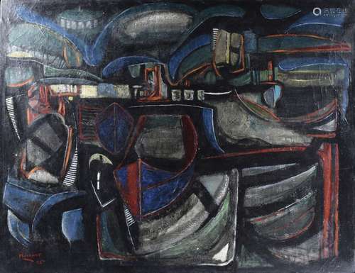 MORDANT Jean (1920-1979)<br />
"Barques au port, la nui...