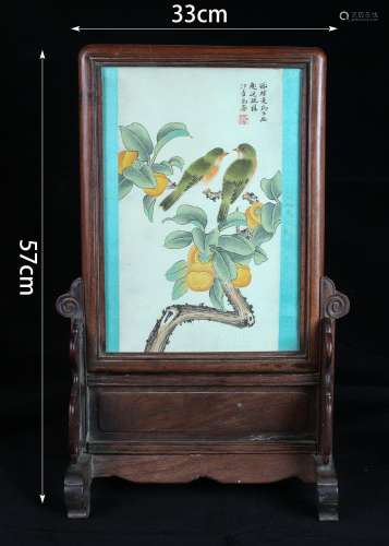 Chinese Flower and Bird Table Screen with Rosewood Frame