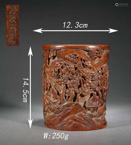 Relief-Decorated Figure Story Brush Pot By Tang Wenbing