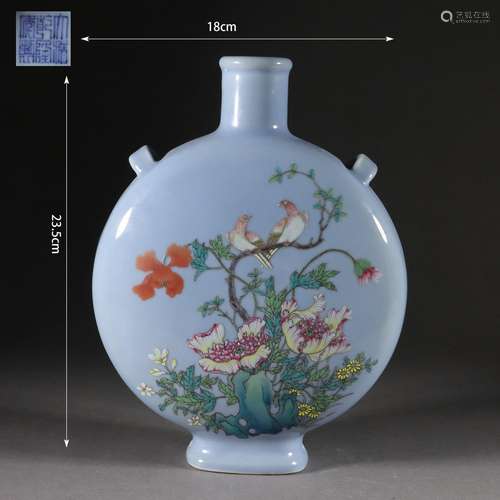 Blue Glaze and Famille Rose Flower and Bird Moonflask