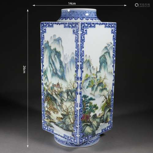 Famille Rose Landscape Square Vase