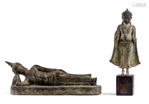 12~15世紀 銅臥佛、立姿菩薩像（二件組）