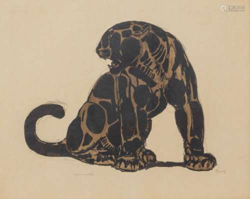 Paul JOUVE (1878-1973),Jaguar noir assis,Lithographie origin...