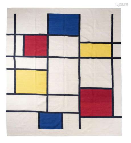 Tapis kilim en laine ,A décor inspiré de Piet Mondrian à mot...