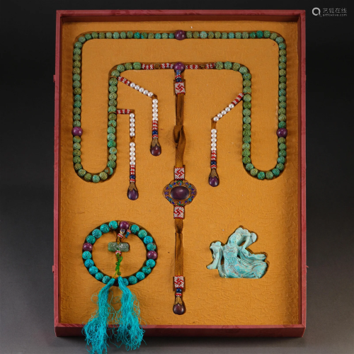 A Set of Chinese Carved Turquoise Rosary and Prayer Beads